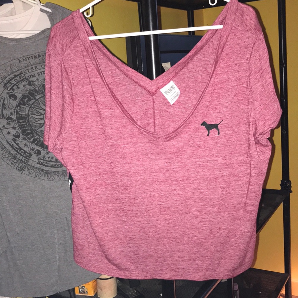 Pink off the shoulder v cut back shirt